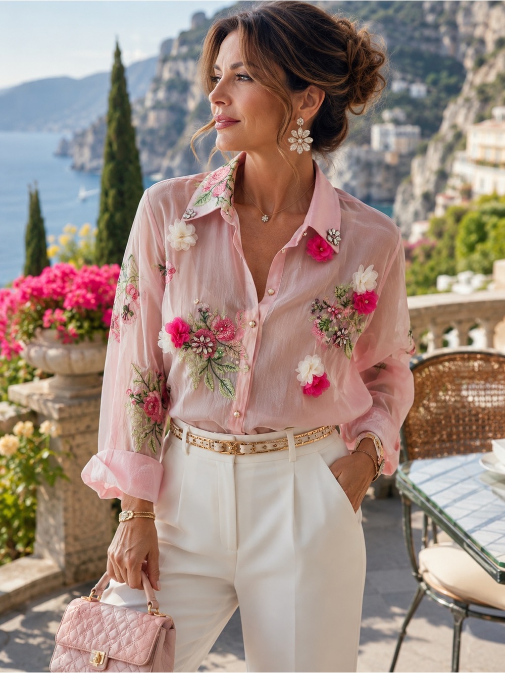 NWT KEBUNUO Pink Sheer Floral Embroidered 3D Appliqué Button-Up Blouse OS
